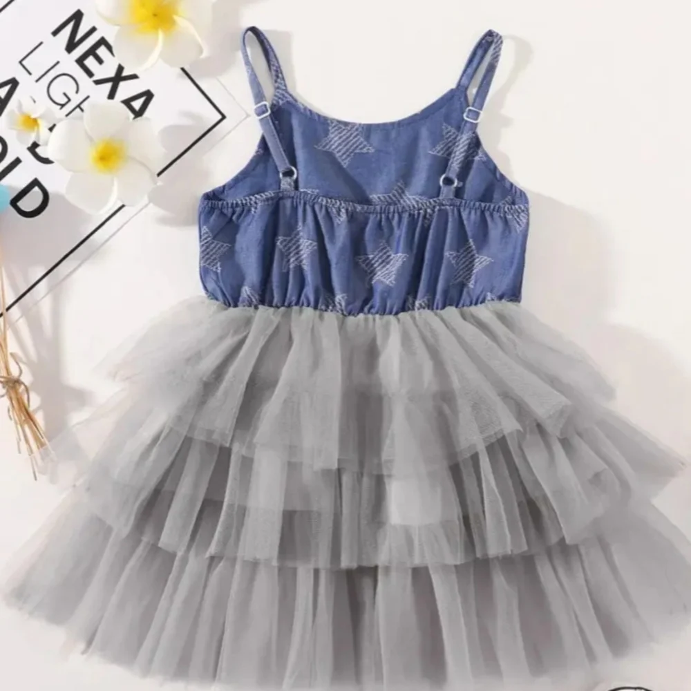 Girls Star Denim Blue Sleeveless Gray Tiered Tulle Summer Holiday Dress 18-24M
